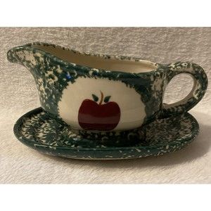 Red Apple Green Sponged Splatterware Gravy Boat With Underplate